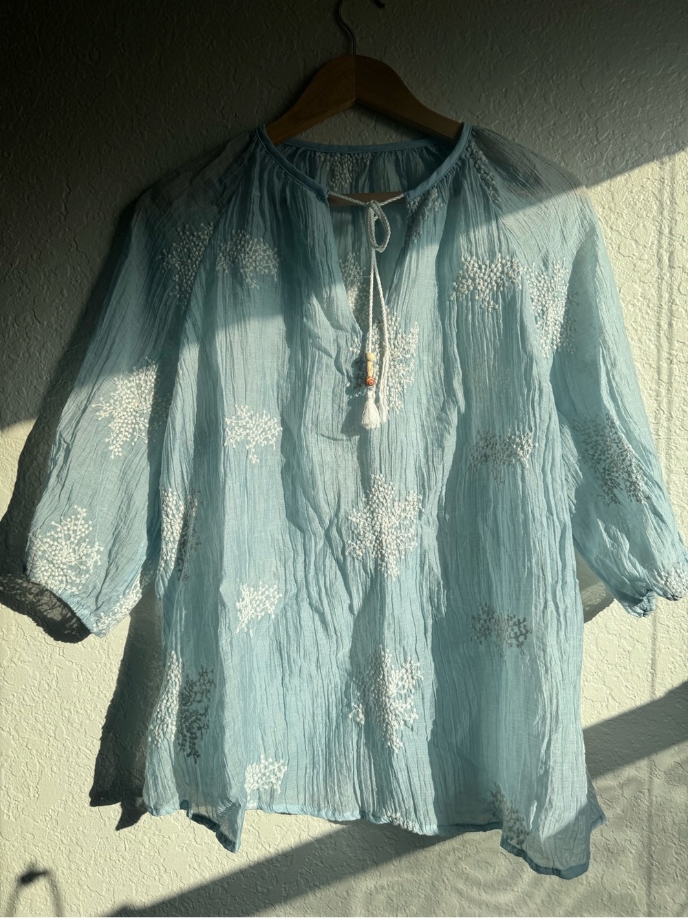 Light Blue Embroidered Peasant Blouse - Women Tops